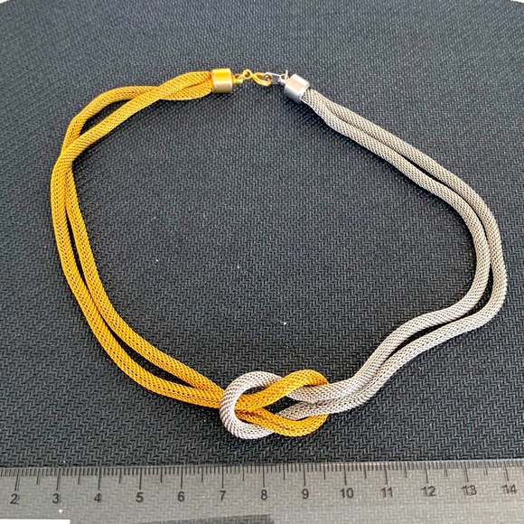 Two Toned Hercules Knot Metal Mesh Coil Necklace Choker 14" - Picture 1 of 4